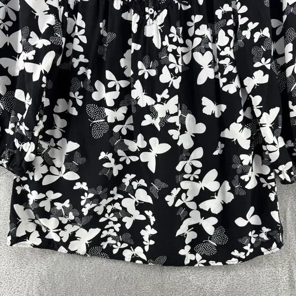 Talbots Top Womens L Black Butterfly Smocked Scoop Neck 3/4 Sleeves Elastic Cuff - Picture 4 of 15